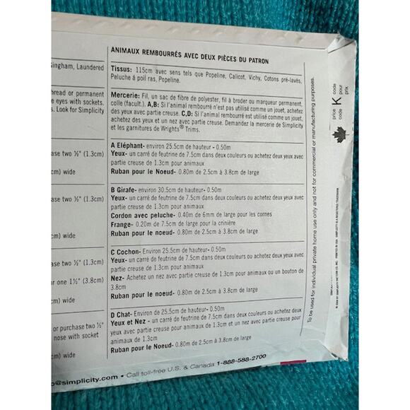 Simplicity sewing pattern 2613 Plush toy elephant giraffe pig cat - Picture 5 of 5